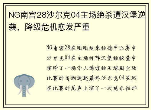 NG南宫28沙尔克04主场绝杀遭汉堡逆袭，降级危机愈发严重