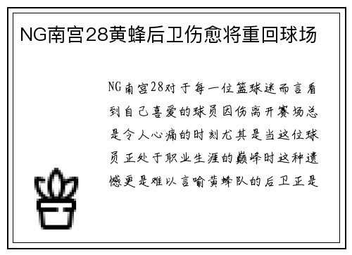 NG南宫28黄蜂后卫伤愈将重回球场